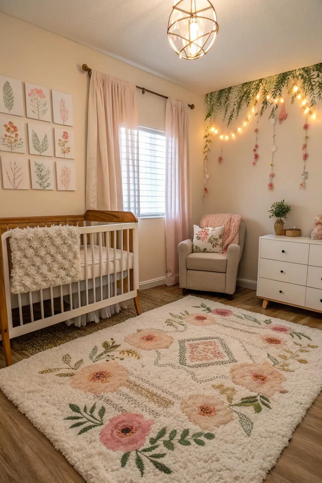 A textured rug delivers comfort and warmth to the nursery.