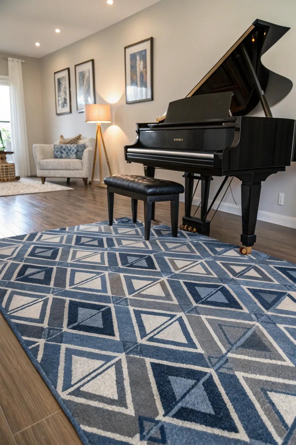 A patterned rug introduces texture and delineates the piano area.