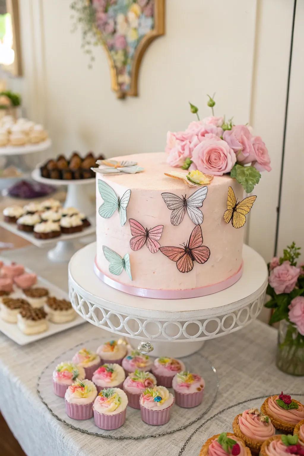 A pastel butterfly cake, assuming the role of a captivating centerpiece.