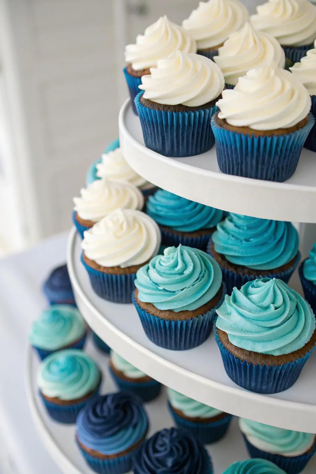 Gradient frosting cupcakes impart an impression of elegance to any baby shower.