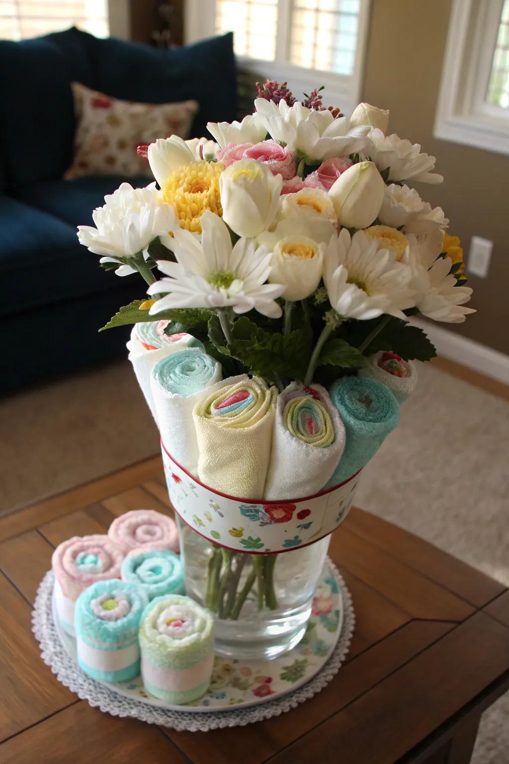 A unique diaper bouquet that combines beauty and practicality.