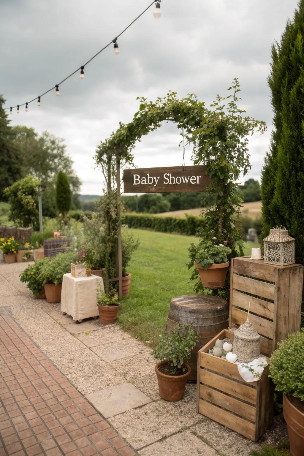 Countryside props introduce allure and individuality to the baby shower's passageway.