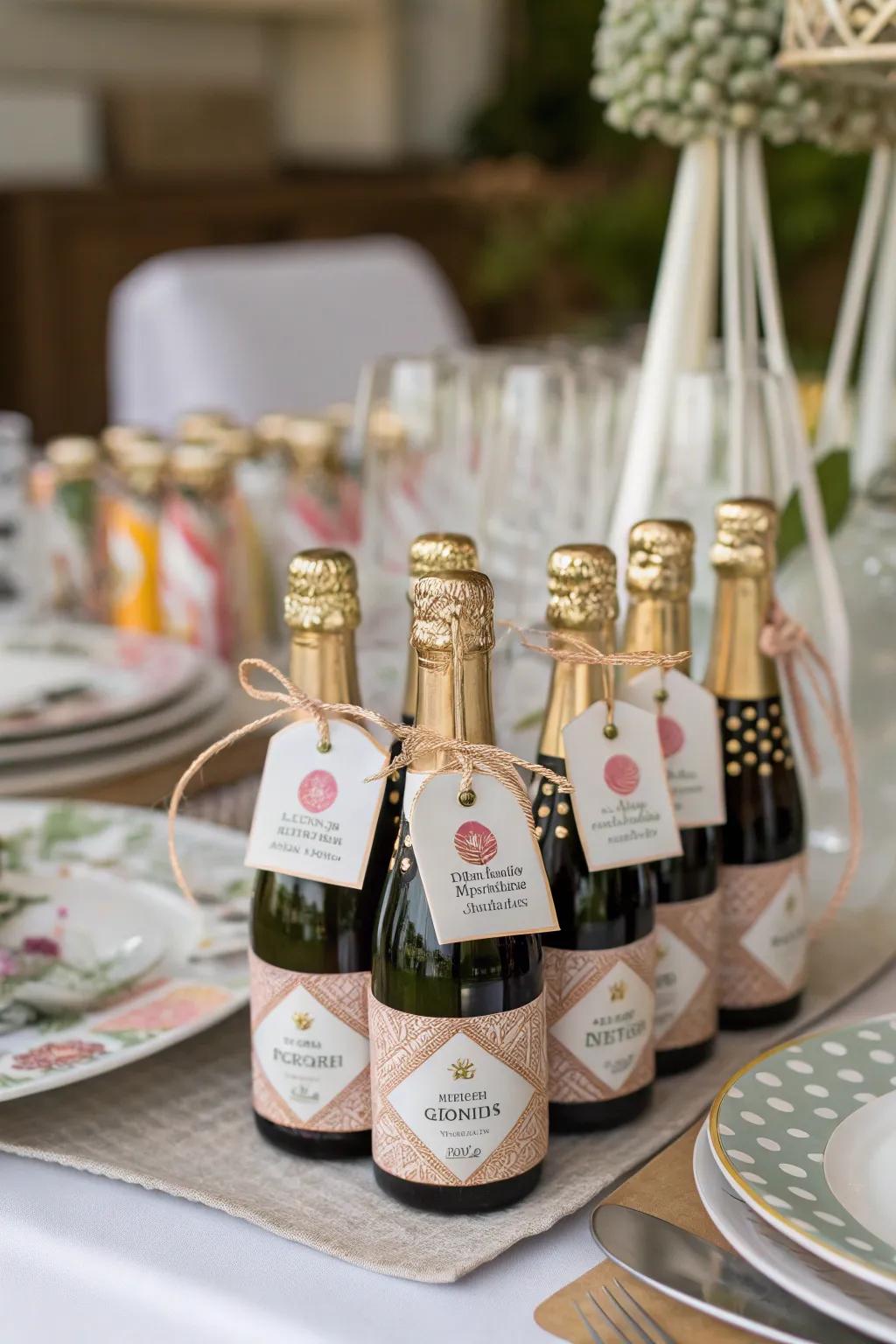 Miniature sparkling wine vessels introduce a celebratory flair.