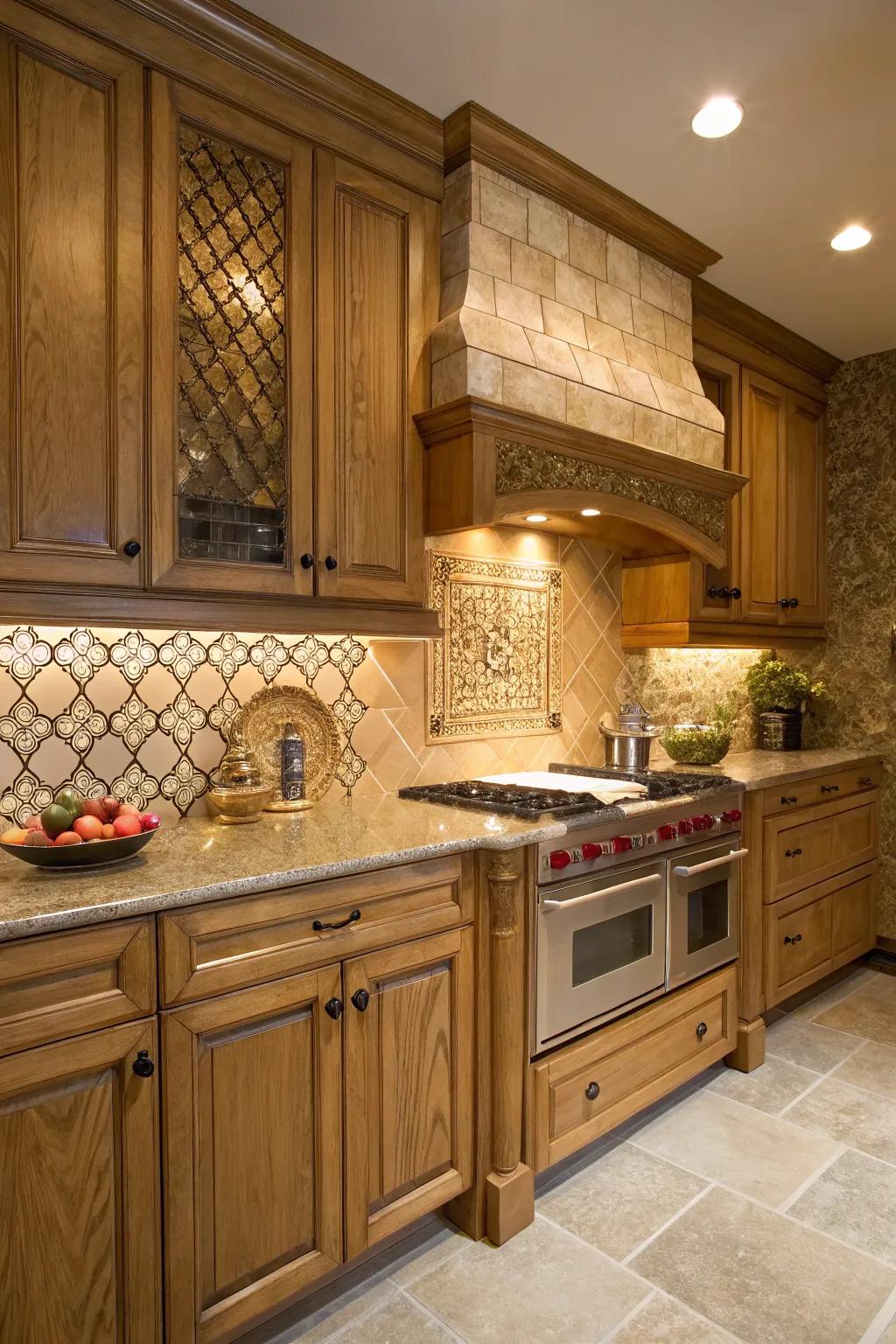 Textured tiles introduce a dimension of fascination to the kitchen's design.