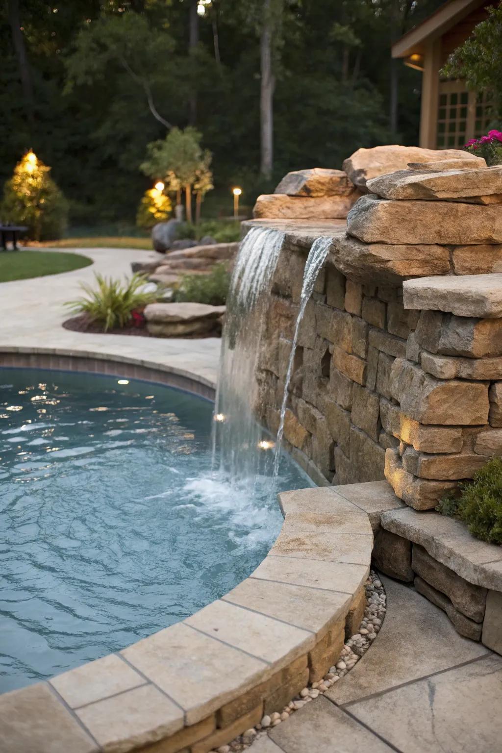 A waterfall feature elevates the luxury of your pool space.
