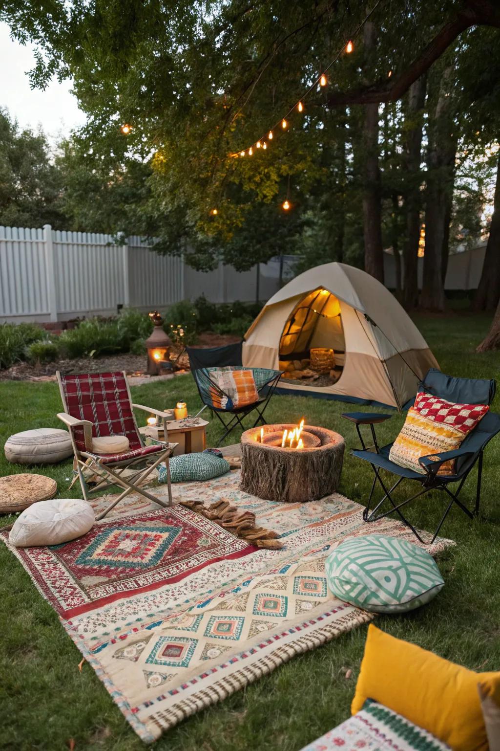 Mats and pillows add vibrant decorative touches to your campsite.