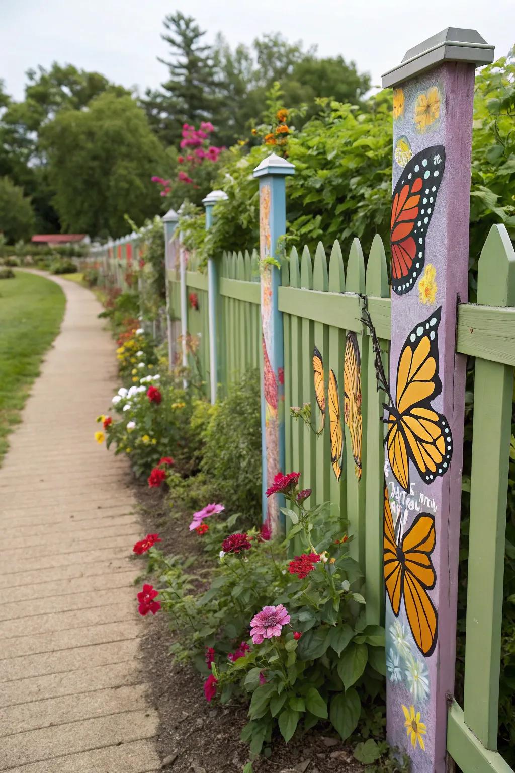 Butterflies intermingling with blooms infuse a whimsical atmosphere to your backyard fence.