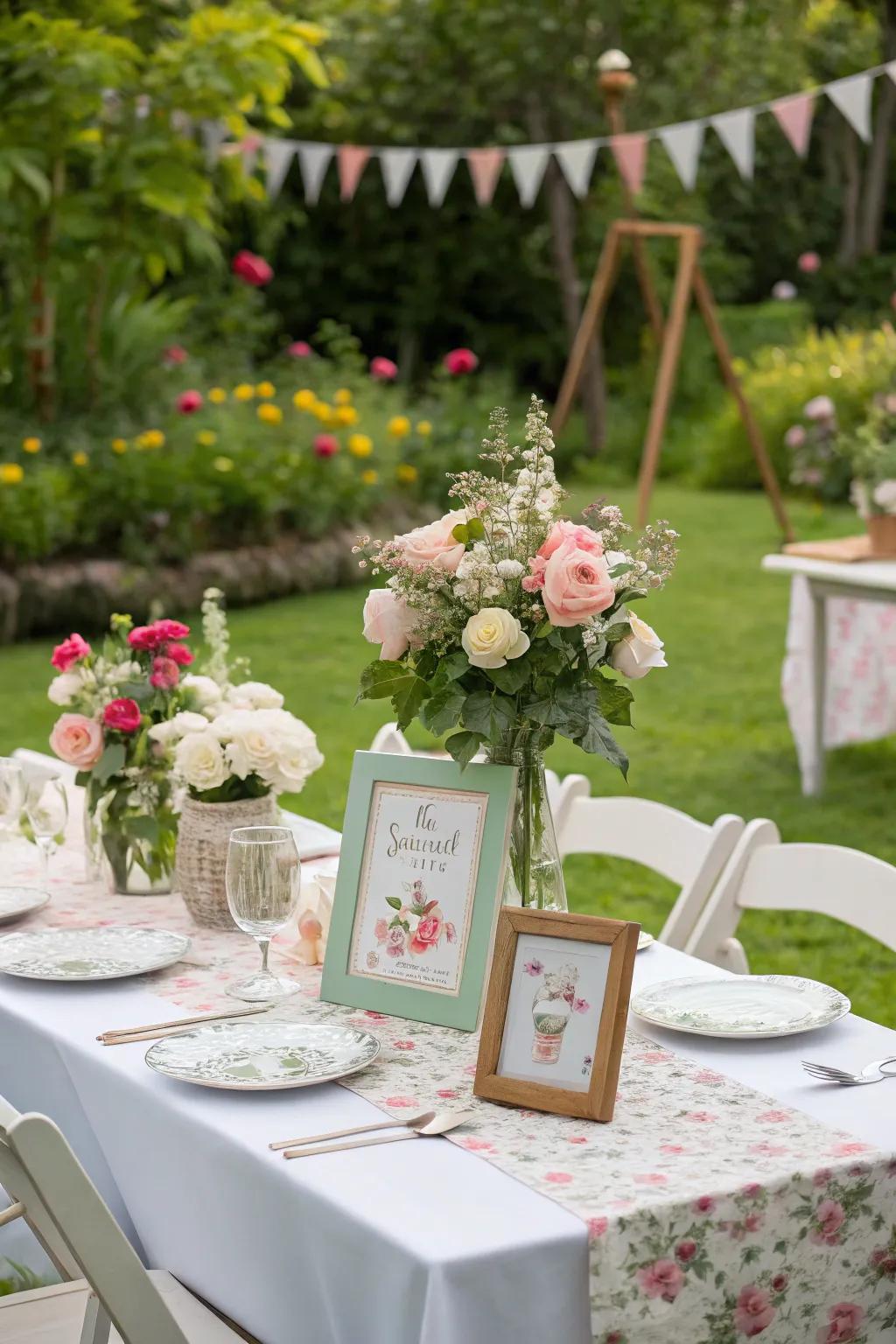 Styled centerpieces contribute a personalized touch to the garden celebration ornamentation.