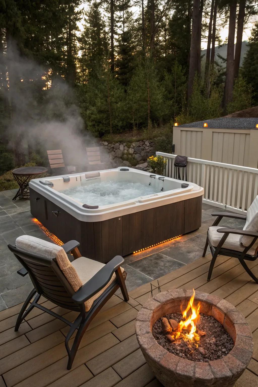 A fire pit enriches any spa locale through warmth and ambiance.