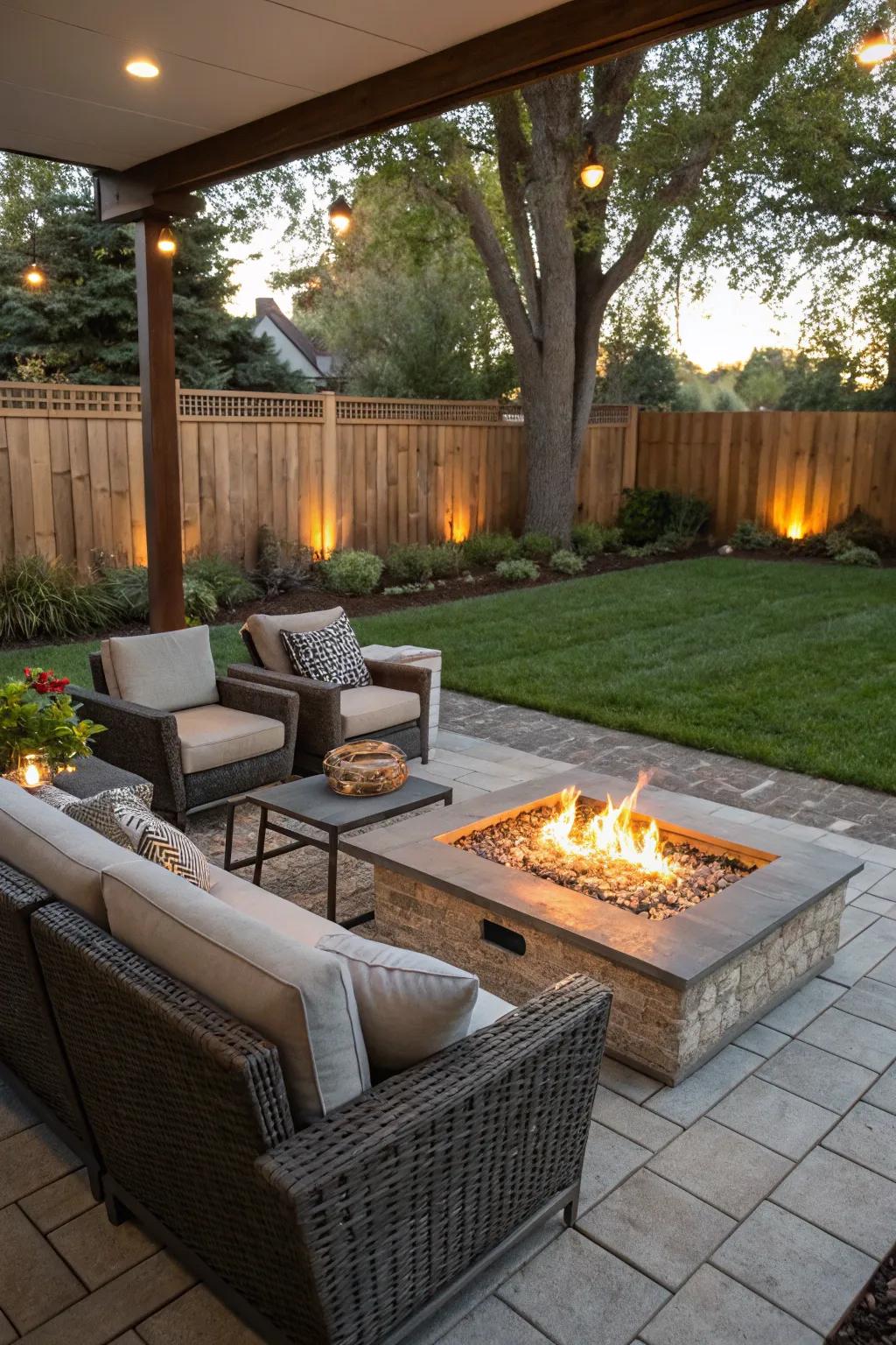 A combustion pit cultivates a warm and welcoming epicenter within a patio.