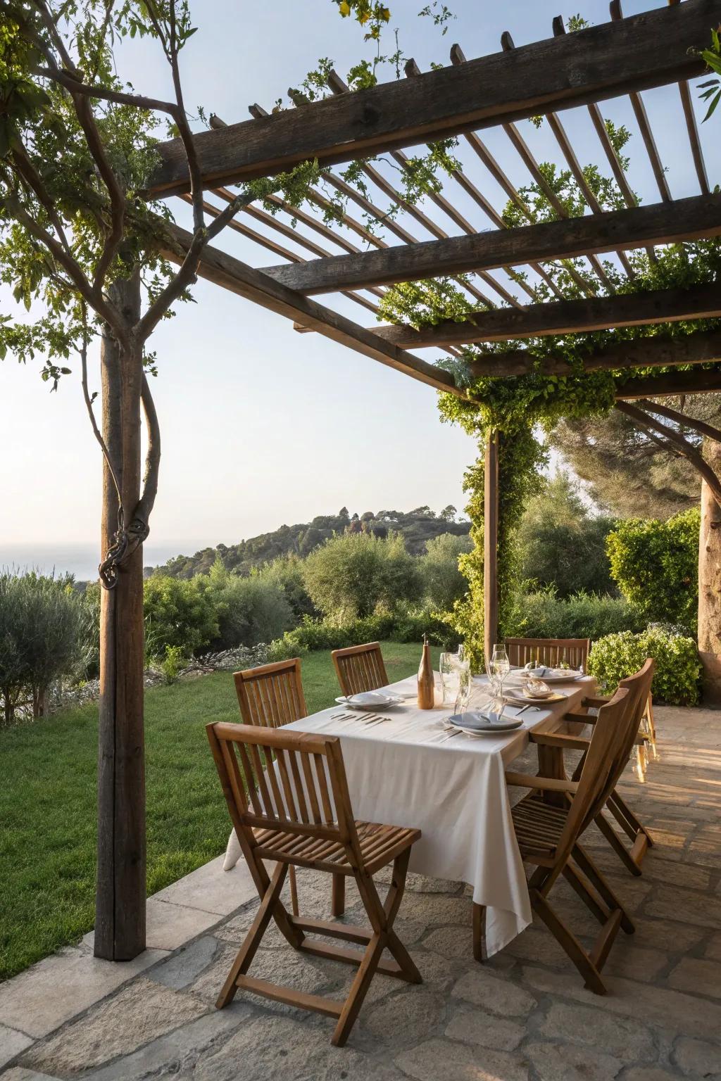 Dine luxuriously with an open-air supper setup perfect for entertaining.