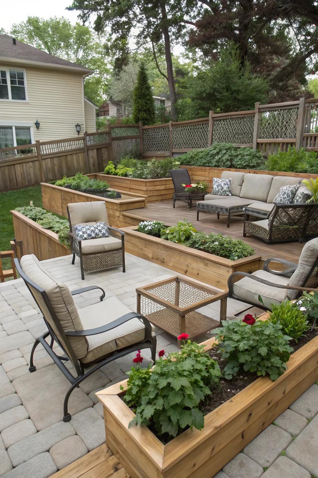 Stratified landscaping enriches patio spaces with dimension and allure.