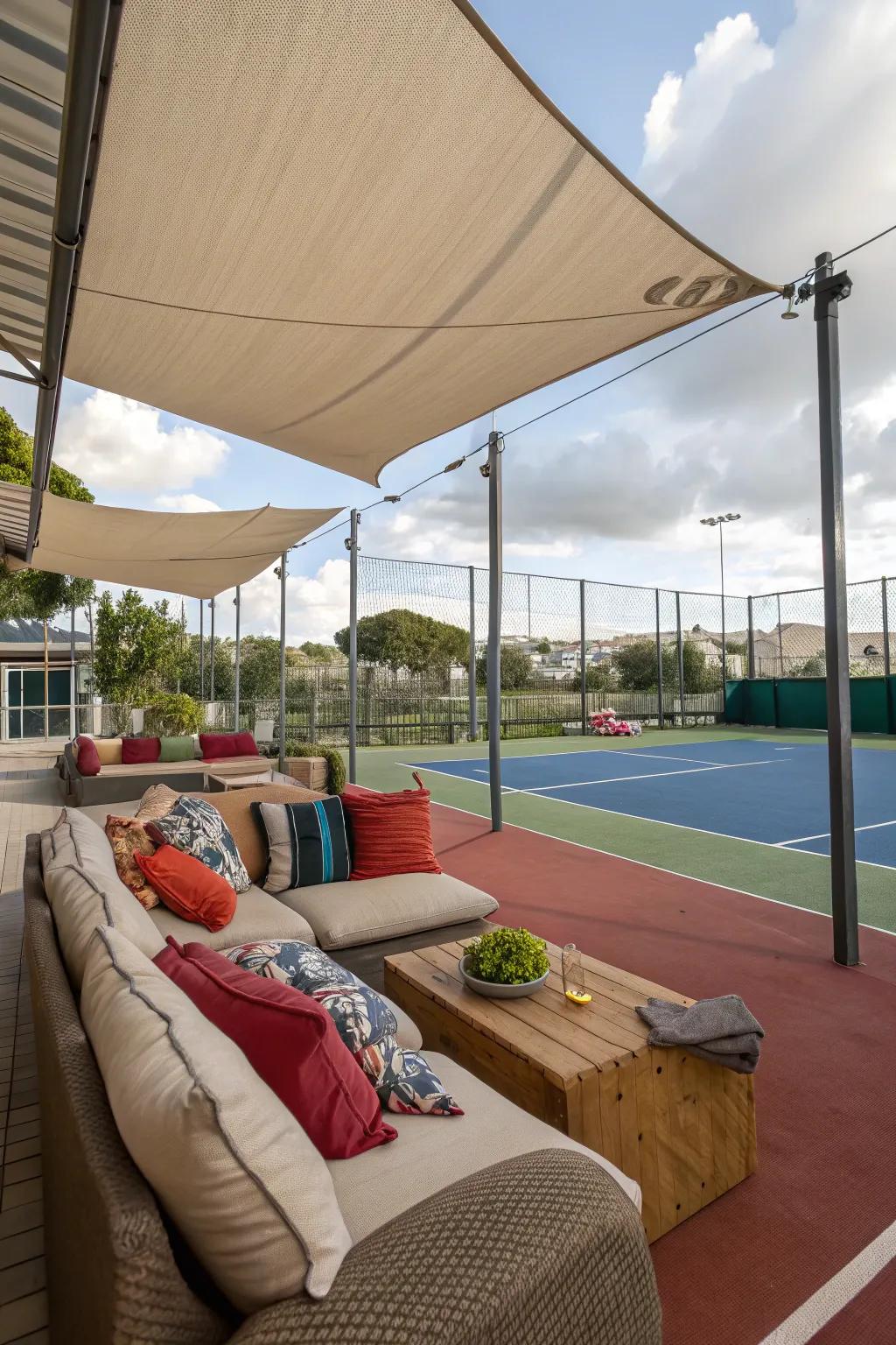 A court-side relaxation space introduces comfort and flair to your sports activities.
