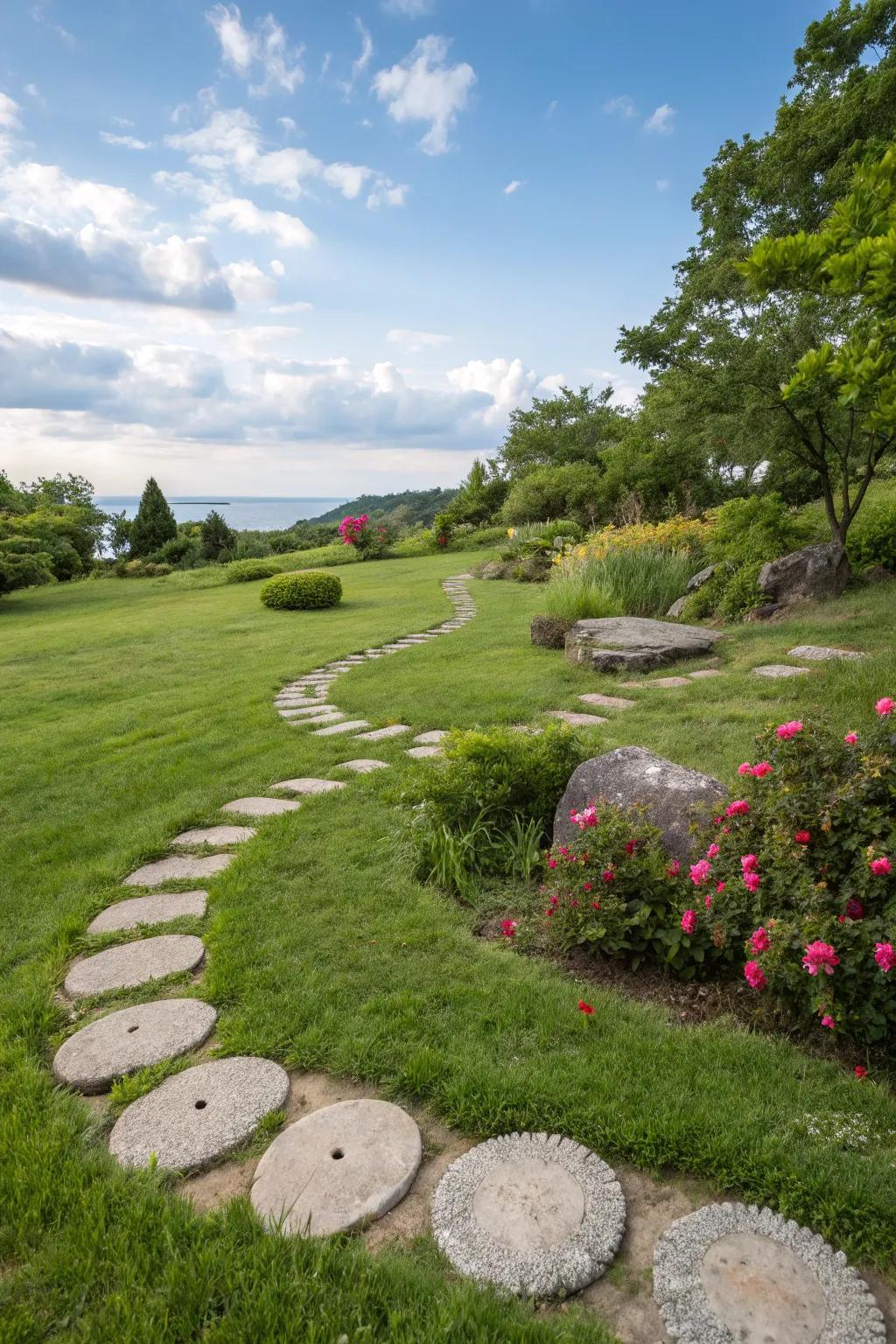 Circular layouts bring an artistic flair to stepping stone paths.