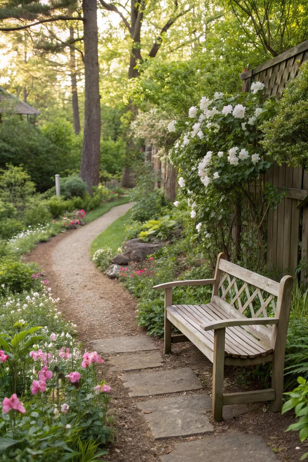 A comfortable garden bench perfectly placed on a scenic backyard trail.