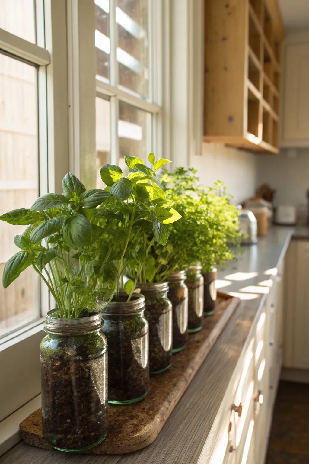 A small herb garden employing preserving containers maintains fresh flavors conveniently on hand.