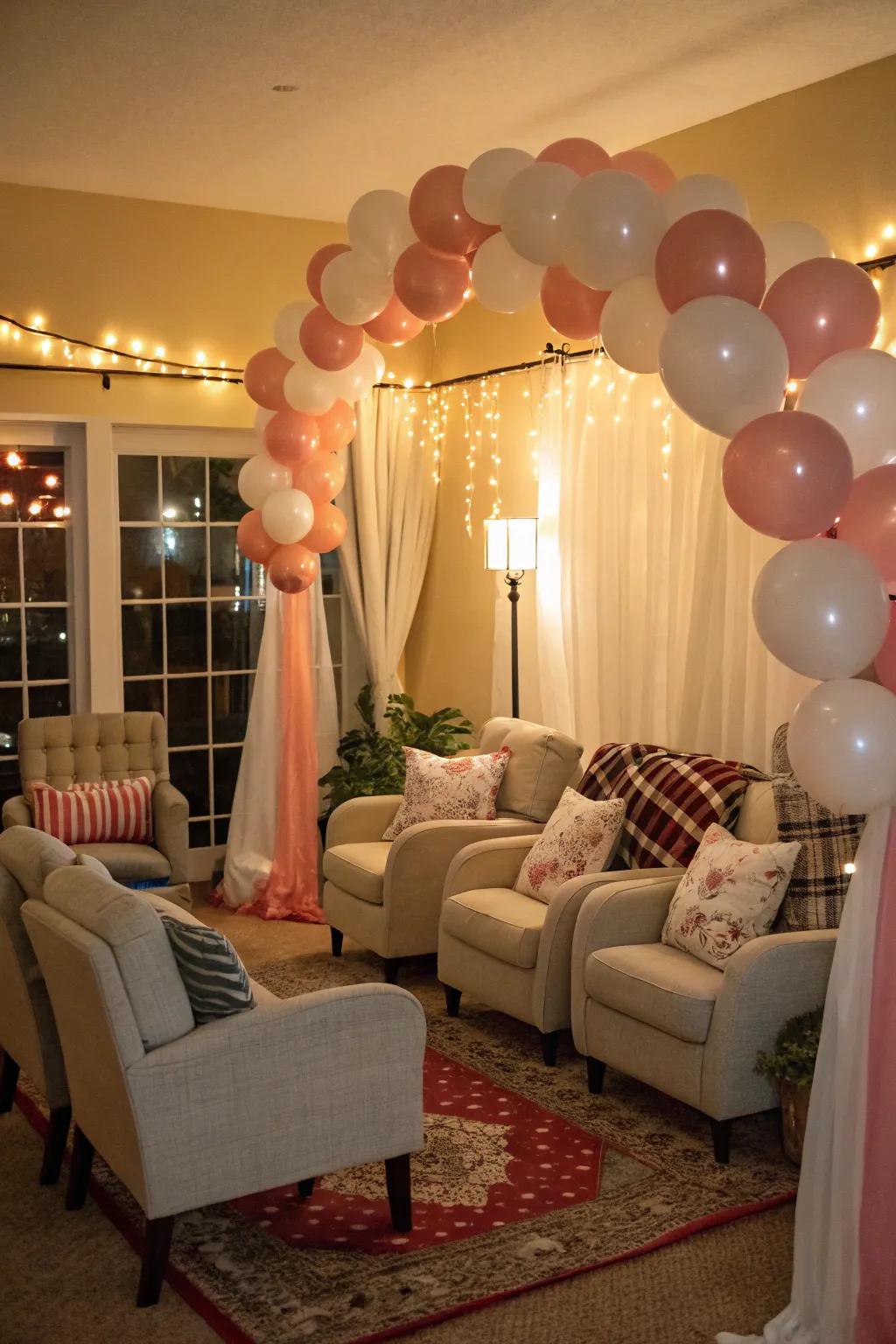 A warm balloon-adorned seating area perfect for capturing memorable photographs.