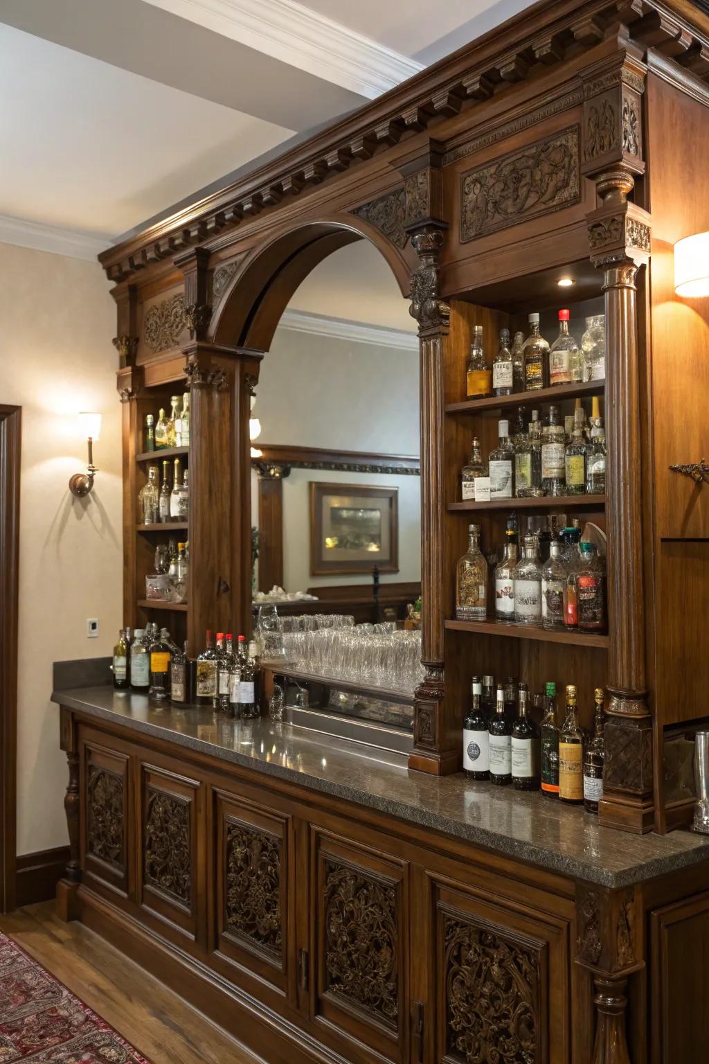 Classic refinement with lush wood and mirrored shelving.