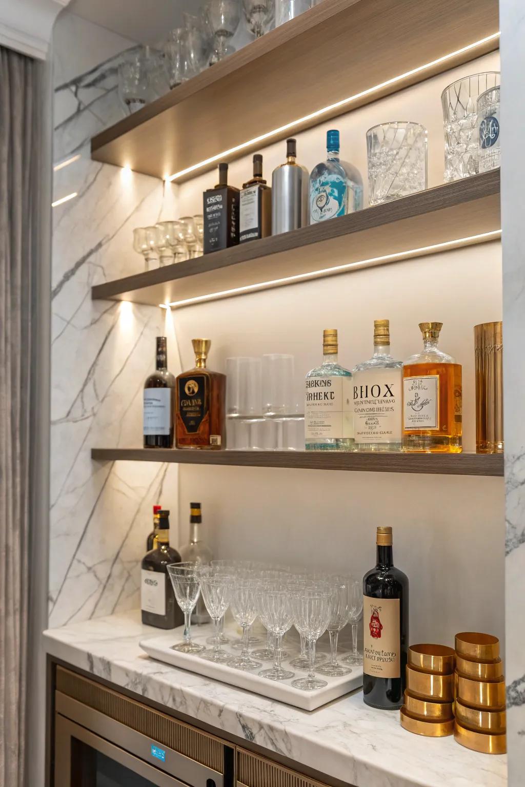 Marble surfaces bring a glossy vibe to your bar.