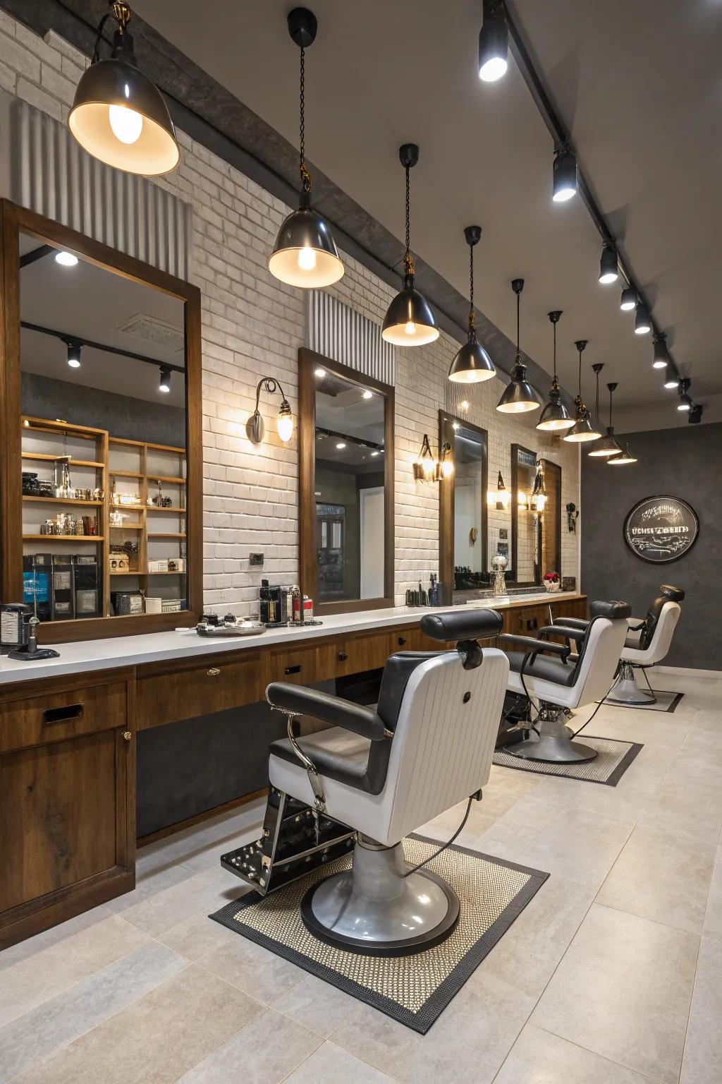 Simple lighting creating a pristine and contemporary barbershop environment.