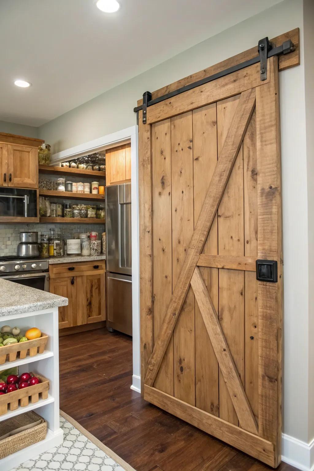 A culinary space showcasing a bespoke sliding barn aperture constructed from reclaimed planks, demarcating the pantry sector.