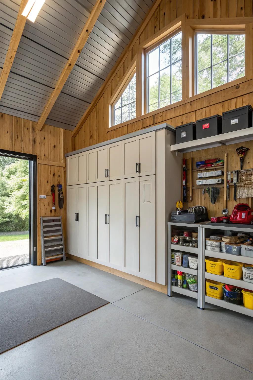 Cabinets and shelves maintain the barn garage's organization and order.