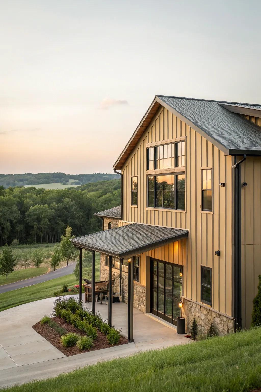 Neutral colors assist the barndominium in blending seamlessly with nature.