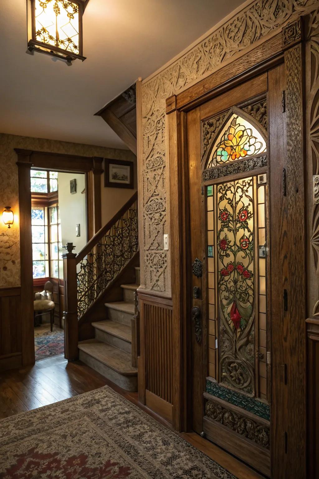 Decorative features enrich the basement door, adding charm and sophistication.