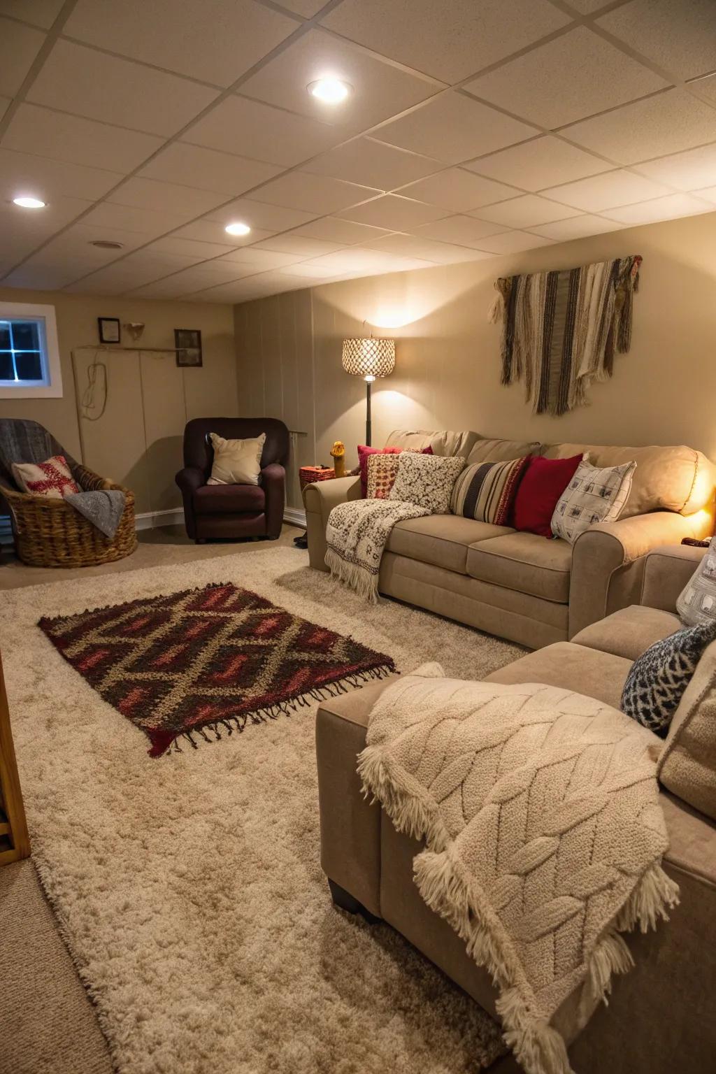 Delicate textiles enrich the comfort of this inviting basement.
