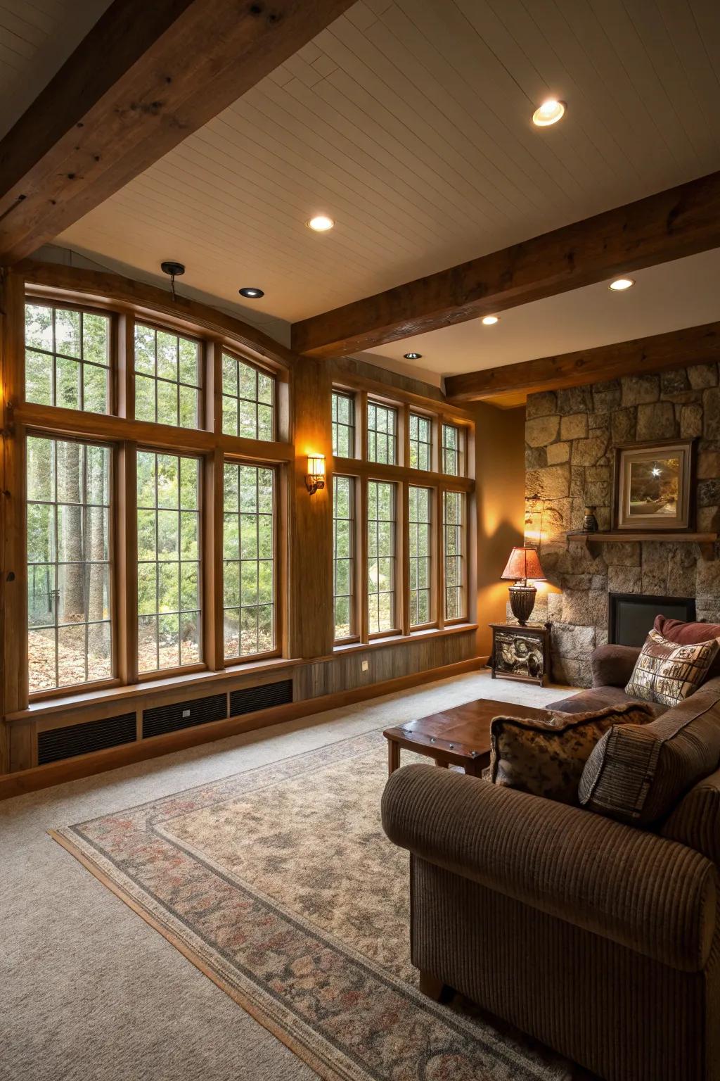 A luminous basement abundant with natural radiance from expansive windows.