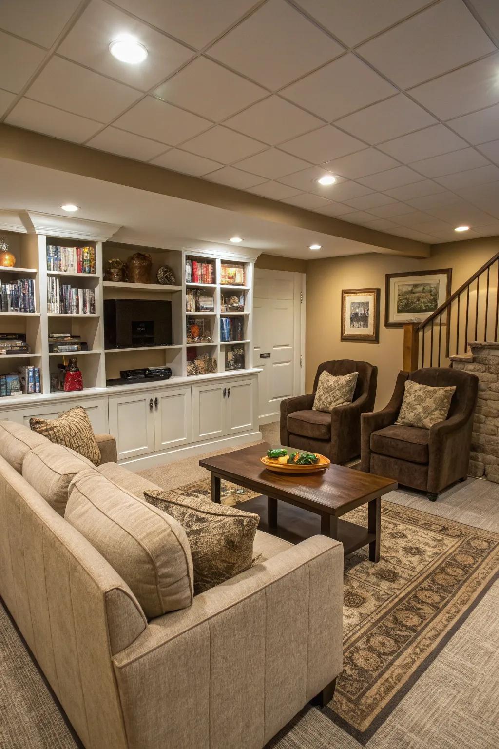 A multi-use basement area enhances both comfort and functionality.