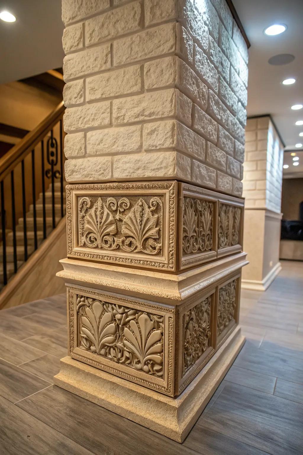 Decorative corner blocks add artistic detail.