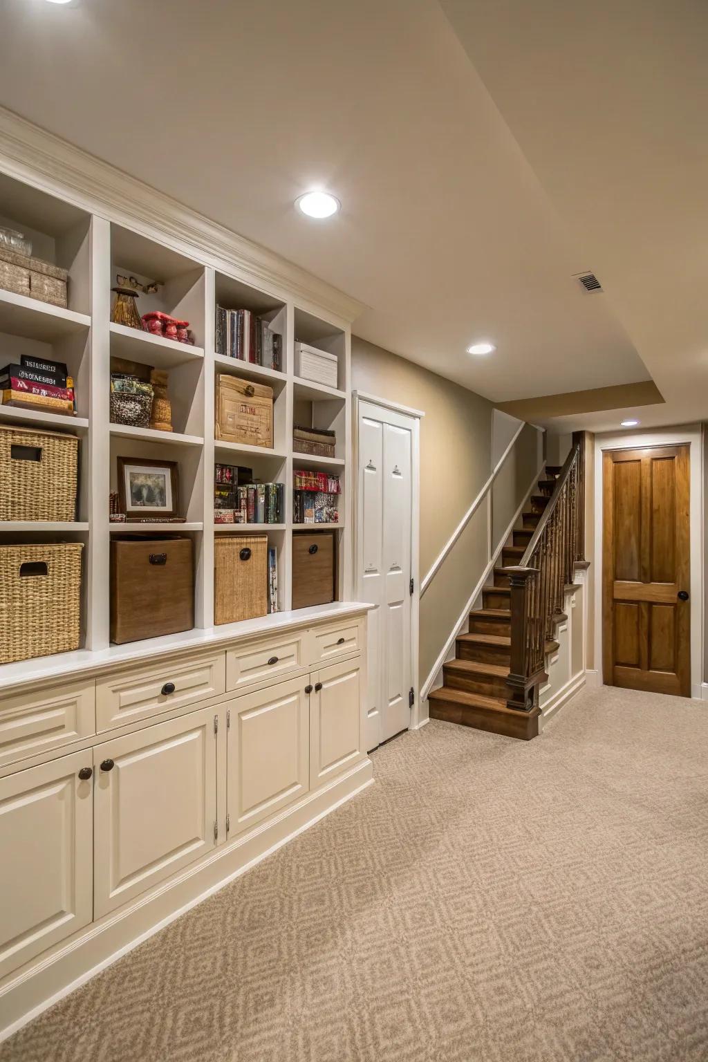 Space-optimizing designs maintain an organized basement.