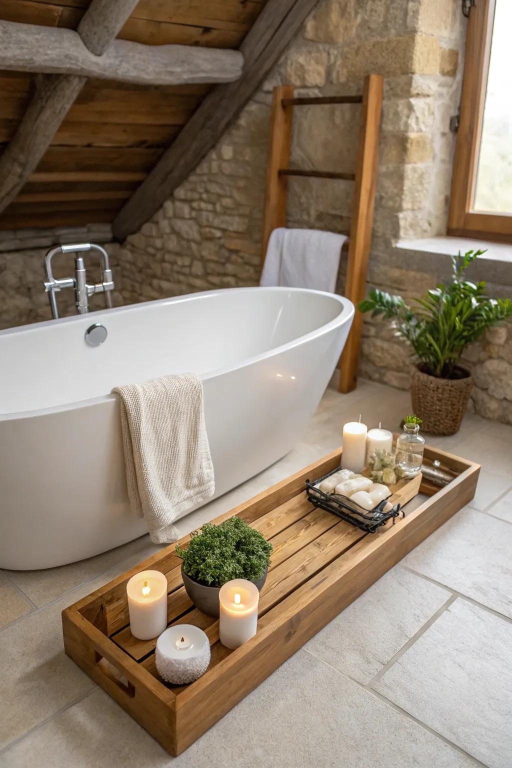 Incorporate warmth and texture with a traditional cane bathing console.