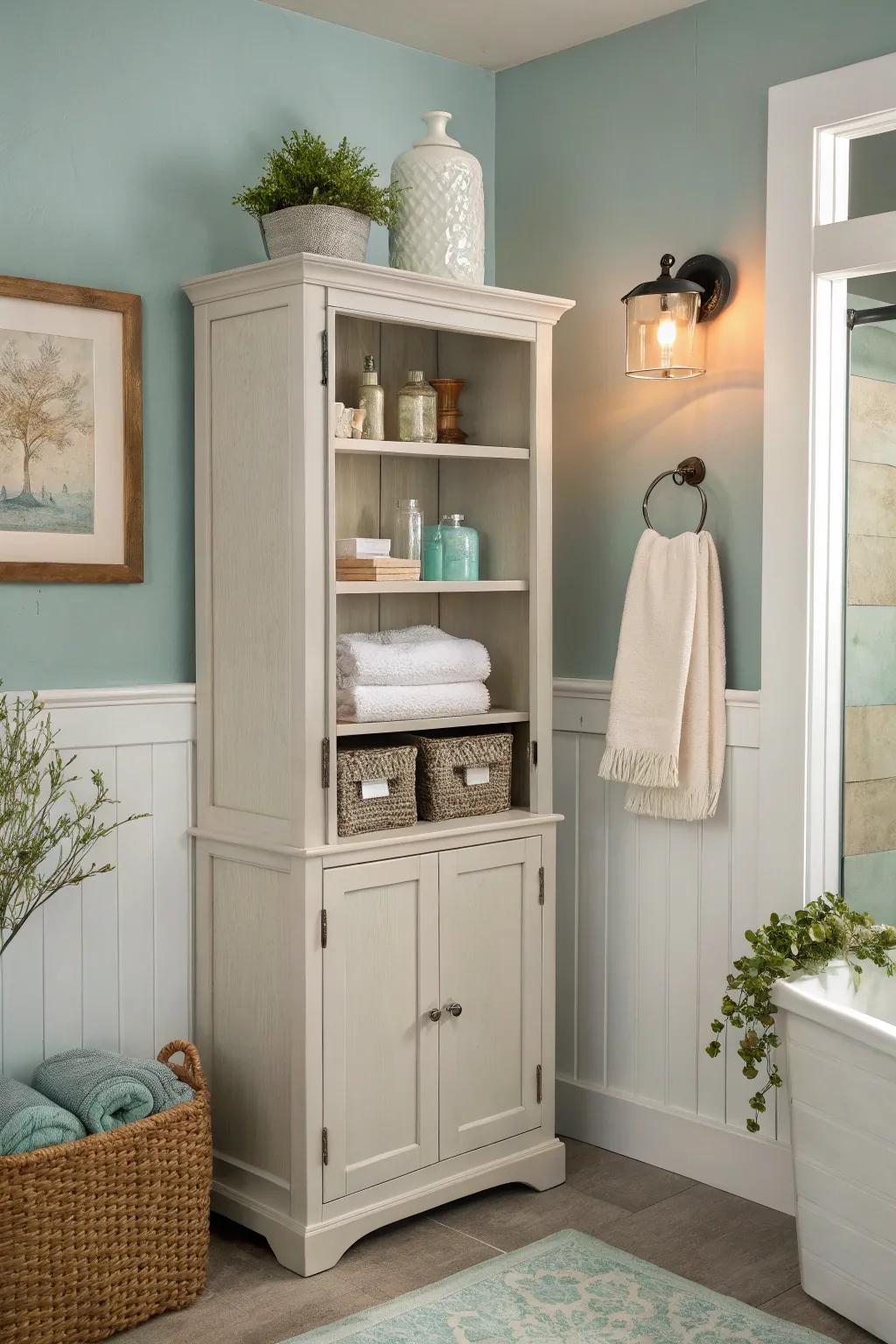 Soft tones engender a peaceful bathroom setting.