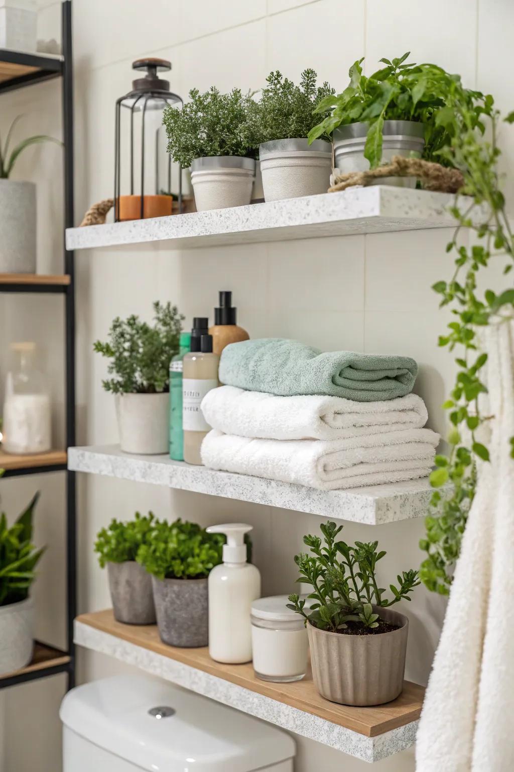 Greenery elevates the freshness and vitality of your bathroom shelves.