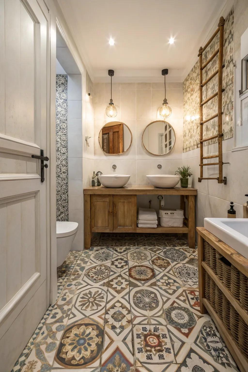 Ornate tiling introduces a bold statement to your restroom's deck.