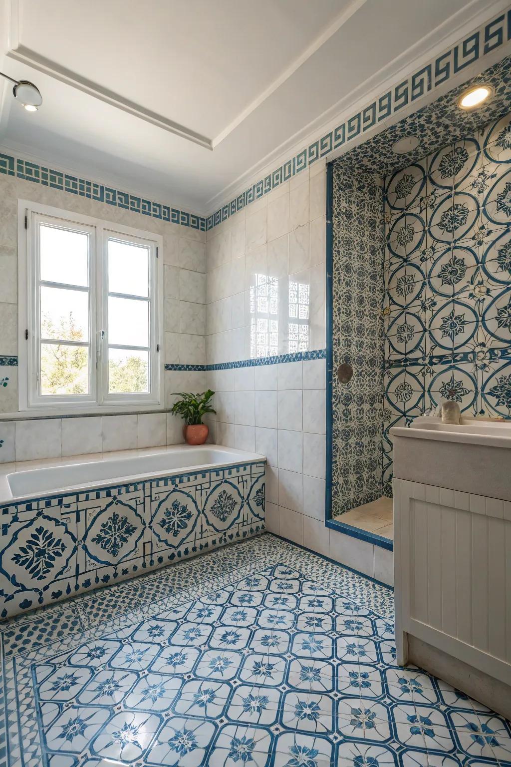 Patterned tile configurations yield enthralling washroom settings.