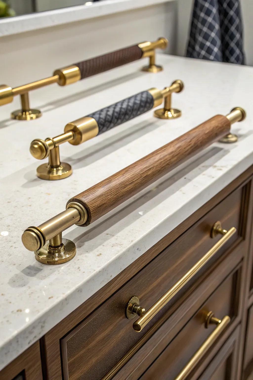 Mixed-material handles deliver a distinctive fusion of textures and shades.