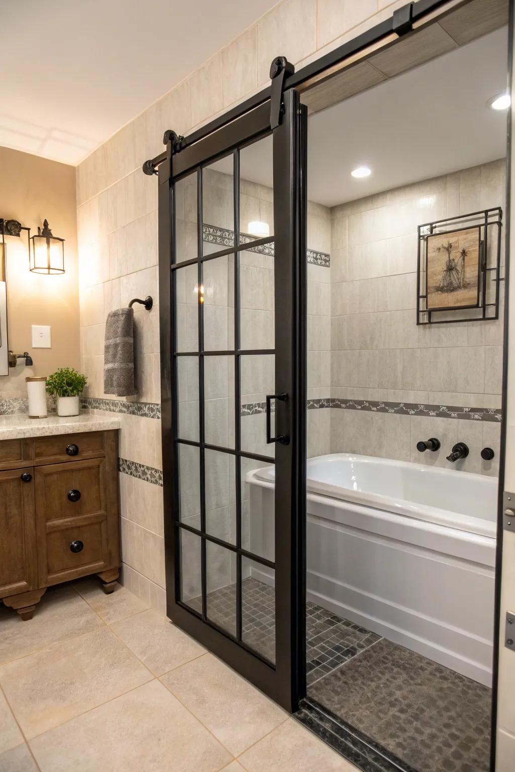 Dark metallic details introduce a daring, modern element to bathroom designs.