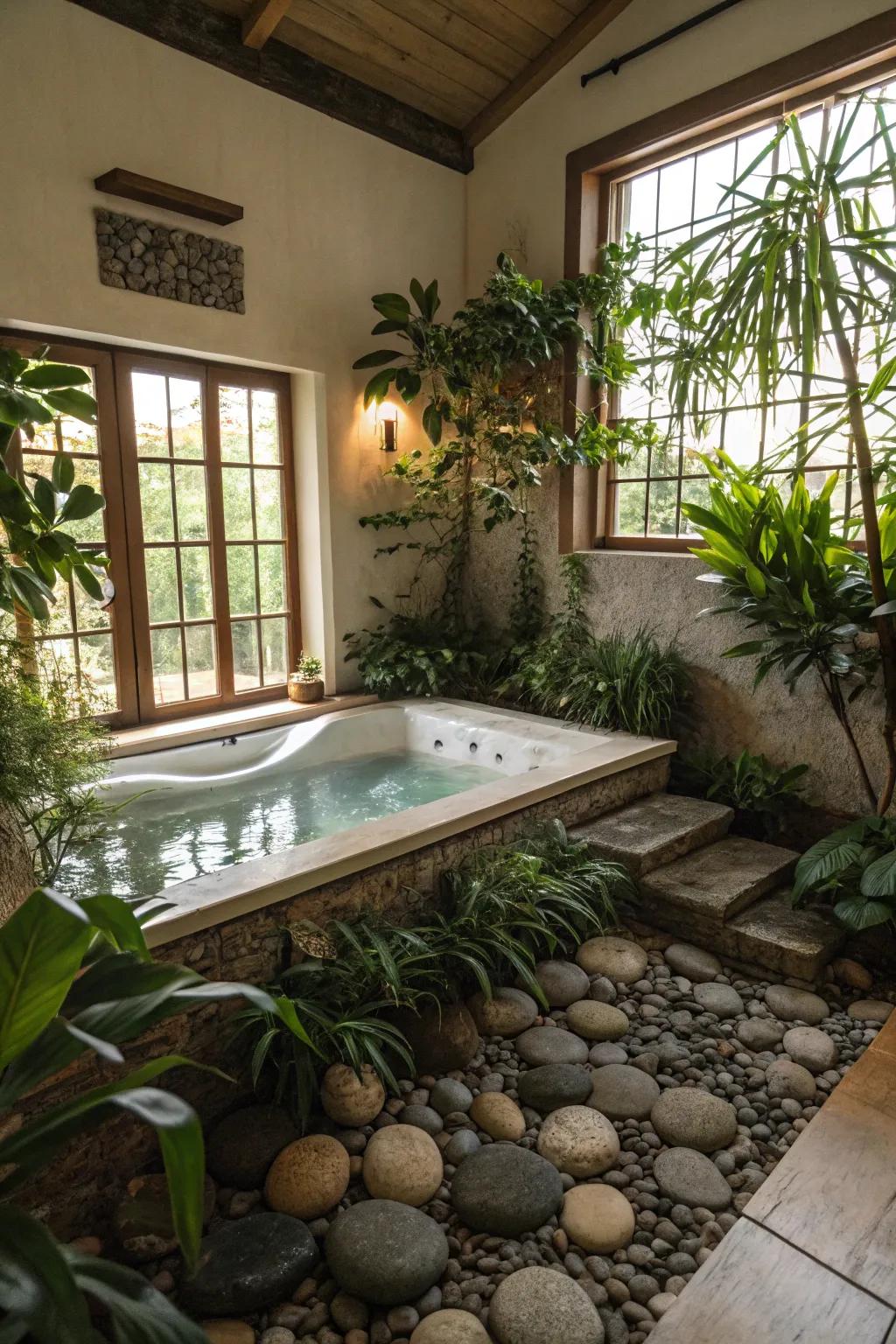 Design a tranquil, spa-inspired environment with natural elements enveloping your bathtub.
