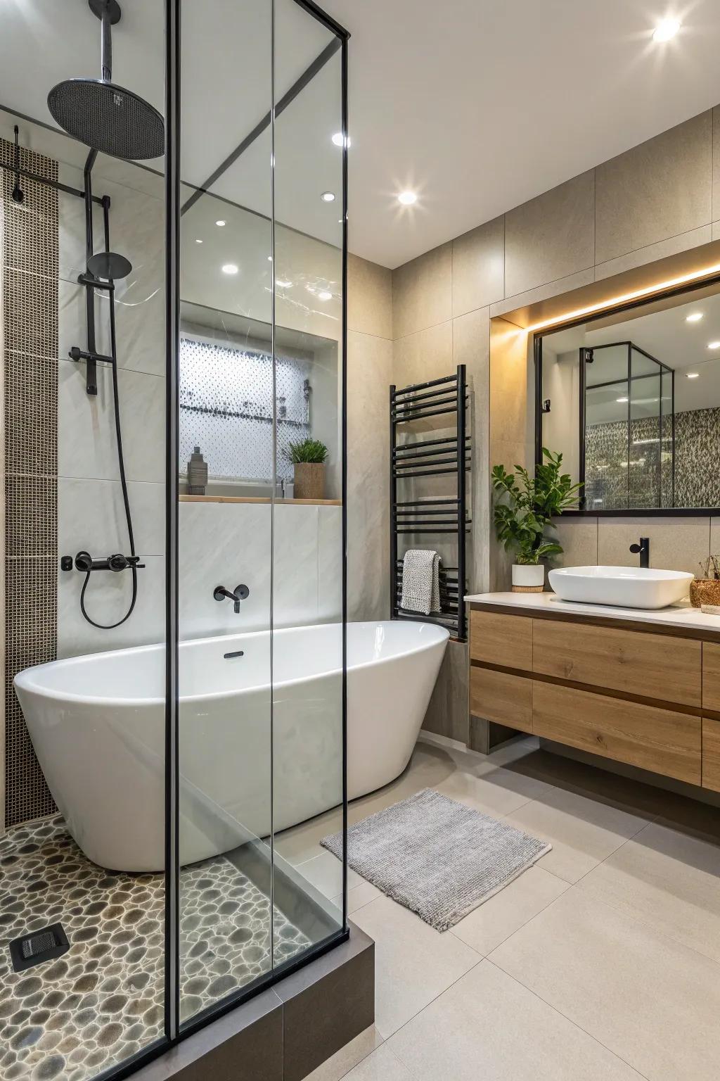 A bathtub in a glass enclosure combines functionality with a modern style.