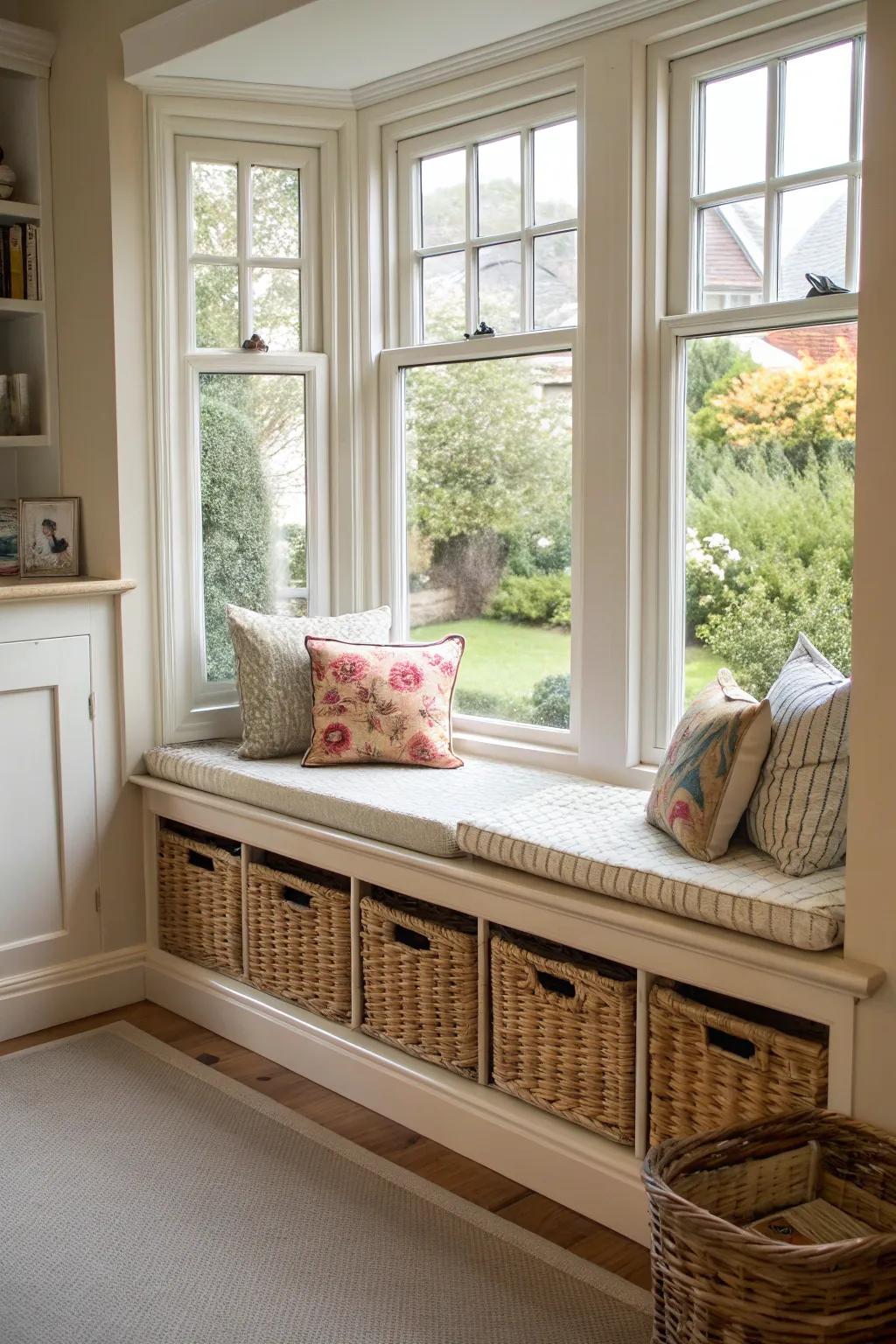 Optimize your spatial arrangement with integrated storage incorporated beneath your bay window seating.