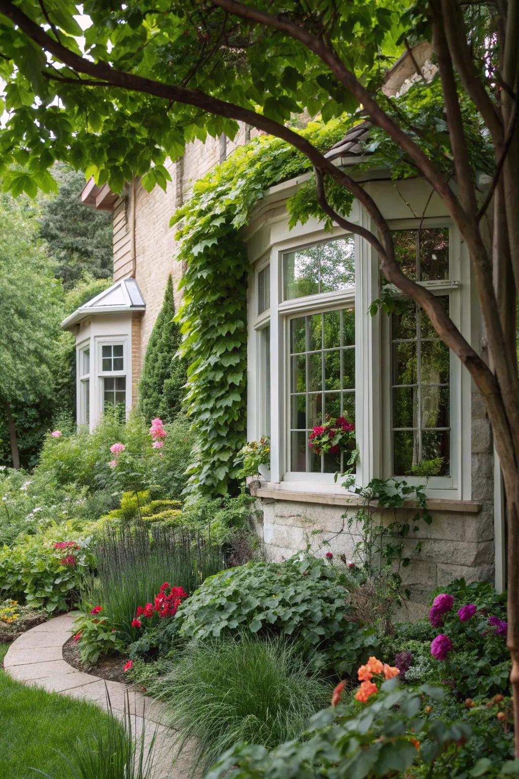 Soaring plants contributing height and elegance to a bay window garden.