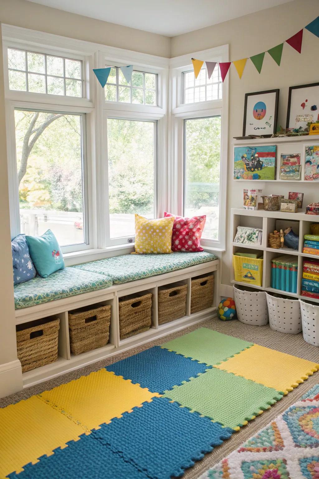 A bay window play area provides a bright and cheerful space for kids.