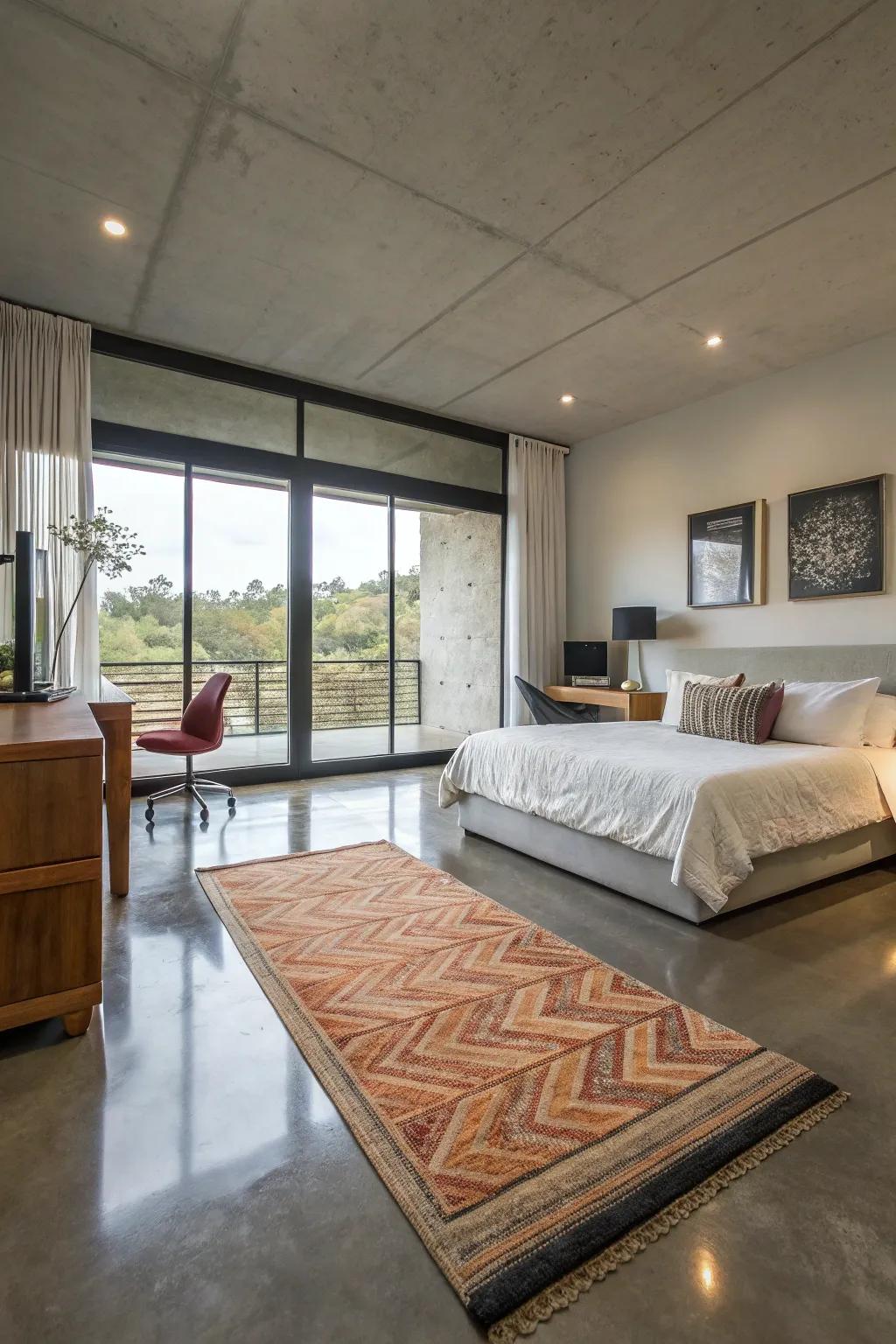 Concrete flooring imparts a contemporary, industrial advantage.