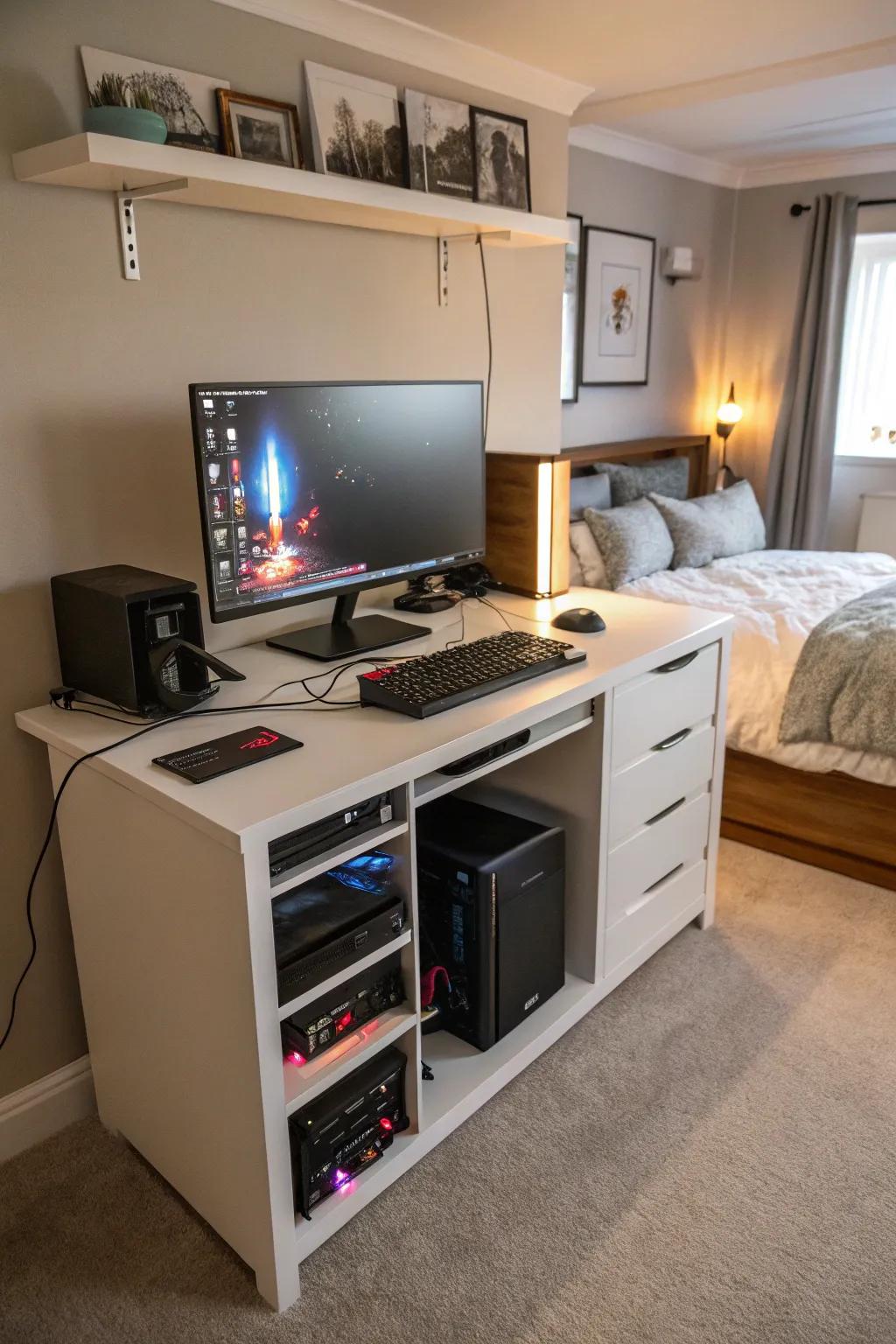 A creatively structured workspace maintains tidiness in the gaming area.