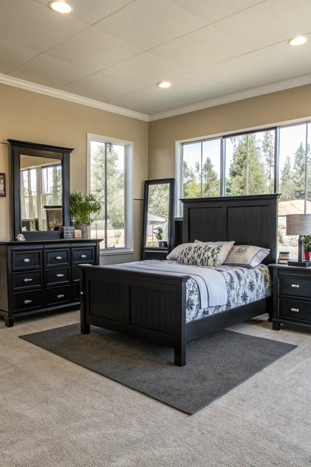 Mirrors emulate light, amplifying luminosity within a space featuring ebony furniture.