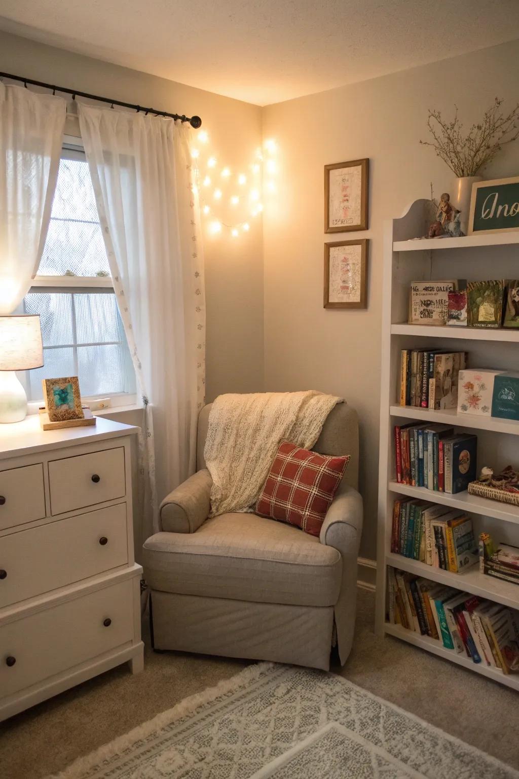 A relaxing reading alcove snuggled in a bedroom corner.