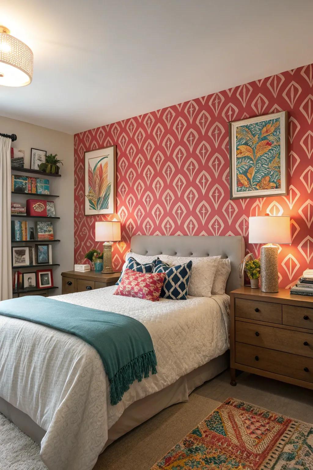 An emphatic wall injects a burst of personality into this slumber chamber.